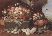 Jan Van Kessel, Still life of various flwers in a basket,tulips in a copper pot hortensias,asparagi and artichokes laid out on the ground,together with an owl,butterf